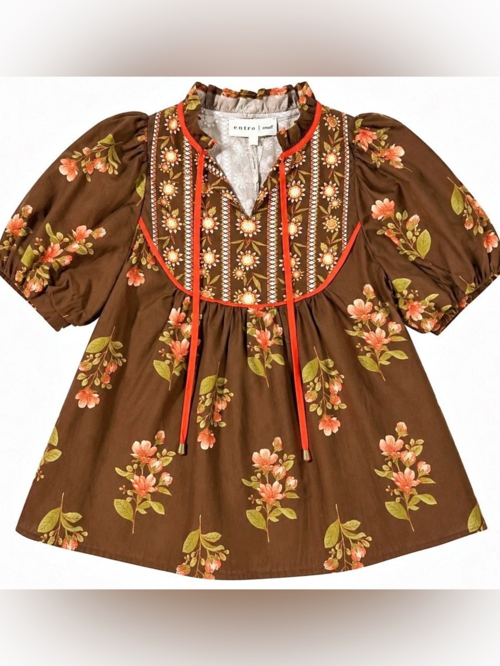 entro Floral Print Shoulder Puff Sleeve Top Floral Tunic Brown & Orange Small